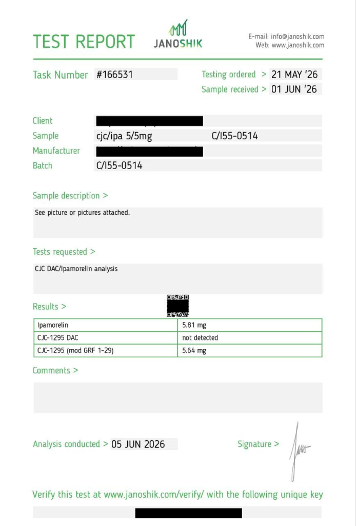 Vial of CJC-1295 + Ipamorelin 5mg + 5mg Certificate of Analysis (COA)