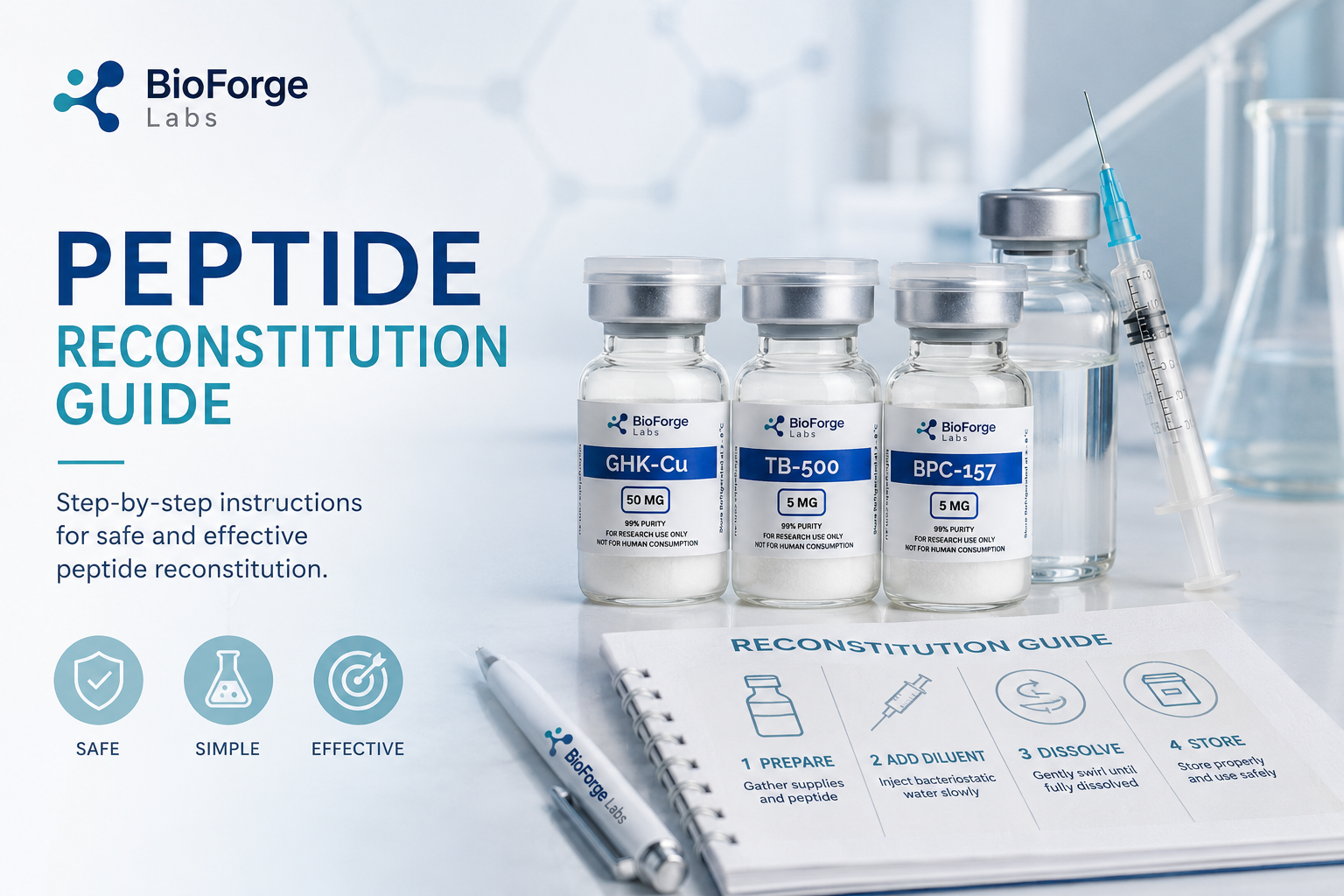 Image shows vials of peptides with captions describing the safe reconstitution of peptides.