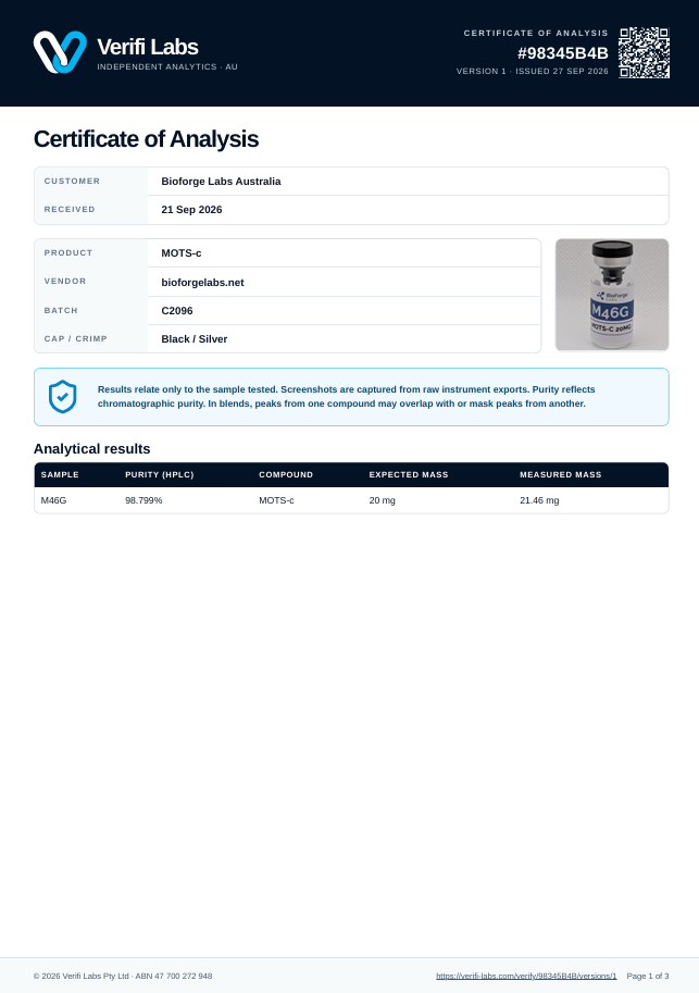 Image of a COA for Mots-C 20mg